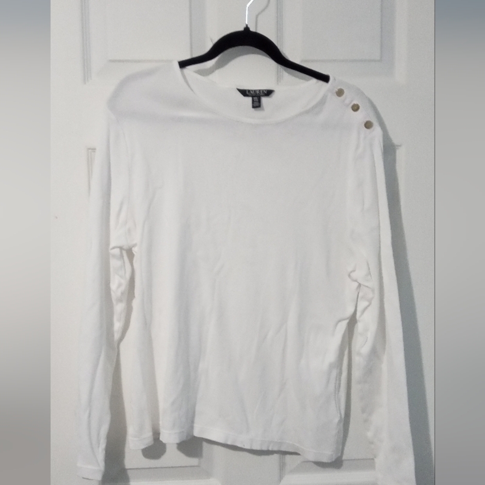 Ralph Lauren White Button-Shoulder Long Sleeve Top